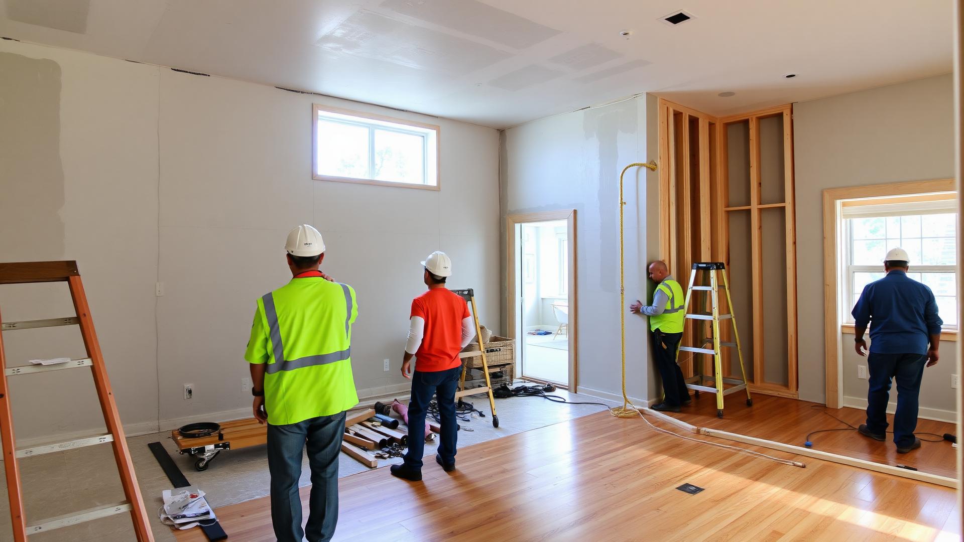 7J's Restoration construction crew rebuilding a residential interior